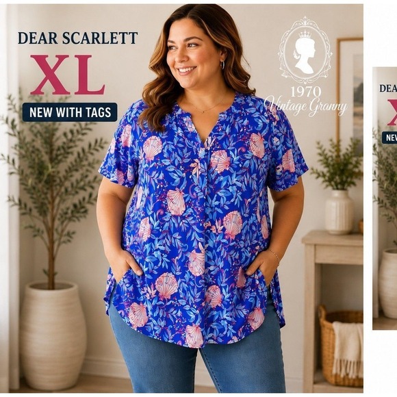 Dear Scarlett Tops - Dear Scarlett Blue Seashell Bulgari Knit V Neck Top XL NWT Short Sleeve Blouse